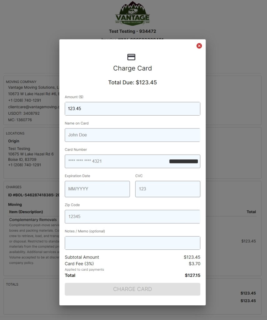 Sample Vantage Moving invoice from a test job, showing the card payment screen with the 3% card fee